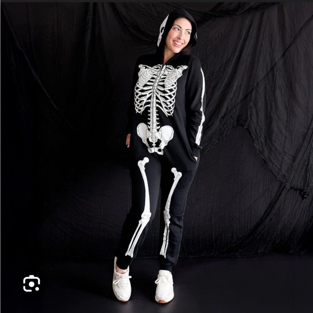 Posh Peanut Skelly Print Unisex Black Hoodie Jumpsuit